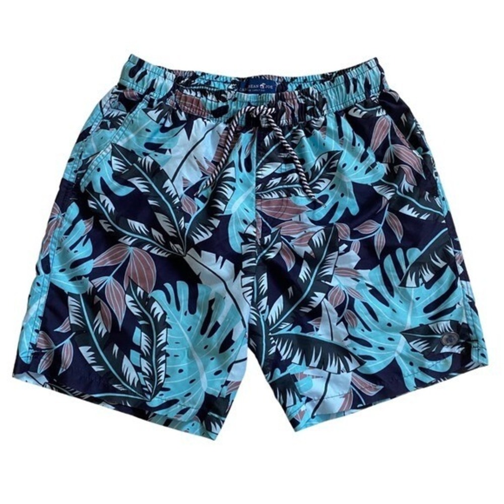 Caribbean Joe Mens Tropical Leaf‎ Swim Trunks Blue Navy Mauve Size M Drawstring